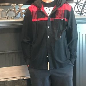 NEW MEN’S STYLISH BLACK & RED BUTTON  UP HOODIE